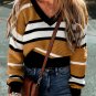 Brown Stripe Contrast Stripes V Neck Textured Knit Sweater