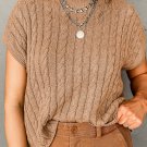 Light French Beige Crew Neck Cable Knit Short Sleeve Sweater