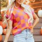 Strawberry Pink Colorblock Plaid Pattern Ribbed Trim Sweater Tank Top