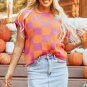 Strawberry Pink Colorblock Plaid Pattern Ribbed Trim Sweater Tank Top