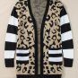 Black Stripe Sleeve Leopard Print Open Front Cardigan With Pockets