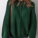 Blackish Green Textured Knit Crewneck Lantern Sleeve Sweater