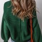Blackish Green Textured Knit Crewneck Lantern Sleeve Sweater
