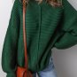 Blackish Green Textured Knit Crewneck Lantern Sleeve Sweater