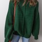 Blackish Green Textured Knit Crewneck Lantern Sleeve Sweater