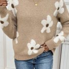 Parchment Flower Pattern Ribbed Trim Crew Neck Sweater