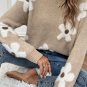 Parchment Flower Pattern Ribbed Trim Crew Neck Sweater