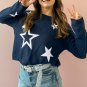 Sail Blue Star Pattern Drop Shoulder Knitted Sweater