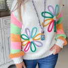 White Flower Graphic Colorblock Sleeve Crew Neck Sweater