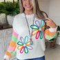 White Flower Graphic Colorblock Sleeve Crew Neck Sweater