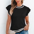 Black Edge Piping Ruffled Sleeve Round Neck Knit T Shirt