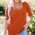 Gold Flame Textured Knit Bubble Sleeve Square Neck Top