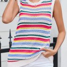 White Colorful Stripe Scalloped Trim Sweater Vest