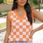 Russet Orange Checkered V Neck Knitted Sweater Vest