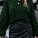 Blackish Green Mock Neck Lantern Sleeve Cable Knit Sweater