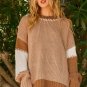 Light French Beige Color Block Contrast Stitch Oversized Sweater