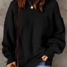 Black Solid Color Puffy Sleeve Pocketed Sweater