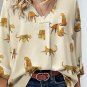 Apricot Printed Leopard Print Tab Sleeve Loose Fit V Neck Blouse