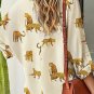 Apricot Printed Leopard Print Tab Sleeve Loose Fit V Neck Blouse