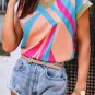 Orange Geometric Print Contrast Trim V Neck Blouse