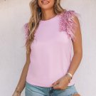 Pink Sequined Ruffle Mesh Sleeves Top