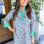 Green Abstract Print Split Neck Bracelet Sleeve Shift Dress