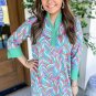 Green Abstract Print Split Neck Bracelet Sleeve Shift Dress