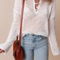White Open Knit Buttoned Neck Split Sleeve Sweater