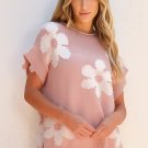 Light Pink Pearled Flower Distressed Edge Sweater T Shirt
