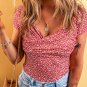 Red Wrapped V Neck Short Sleeve Floral Bodysuit