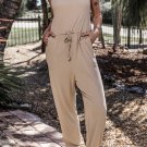Gray Drawstring Pockets Notched Neck Sleeveless Jogger Jumpsuit