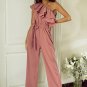 Dusty Pink One Shoulder Ruffle Trim Belted Jumpsuit