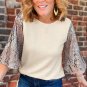 White Sequined Bell Sleeve Round Neck Blouse