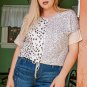 Khaki Plus Size Leopard Print Colorblock V Neck T Shirt