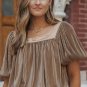 Simply Taupe Pleated Puff Sleeve Square Neck Blouse