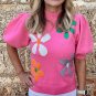 Bright Pink Floral Bubble Short Sleeve Sweater