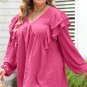 Pink Crinkle Ruffled V Neck Plus Size Blouse