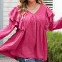 Pink Crinkle Ruffled V Neck Plus Size Blouse