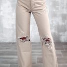 Khaki High Waist Ripped Wide-Leg Jeans
