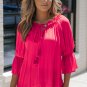Rose Frilled Split V Neck Ruffled Sleeve Shift Top