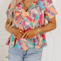 Multicolor Boho Abstract Pattern Split V Neck Flowy Blouse
