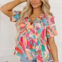 Multicolor Boho Abstract Pattern Split V Neck Flowy Blouse