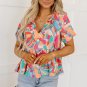 Multicolor Boho Abstract Pattern Split V Neck Flowy Blouse