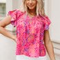 Fiery Red Leopard Print V Neck Flutter Sleeve Blouse