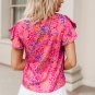 Fiery Red Leopard Print V Neck Flutter Sleeve Blouse