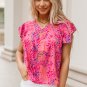 Fiery Red Leopard Print V Neck Flutter Sleeve Blouse