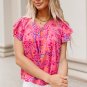 Fiery Red Leopard Print V Neck Flutter Sleeve Blouse