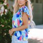 Multicolor Abstract Print Stitching Ruffle Sleeve Blouse