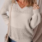 Brown Eyelet Pattern Detail V Neck Drop Shoulder Sweater
