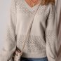 Brown Eyelet Pattern Detail V Neck Drop Shoulder Sweater